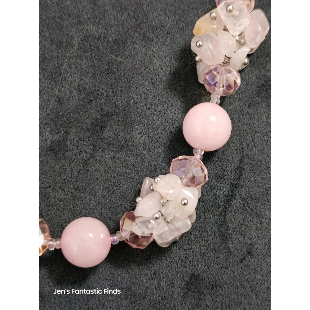 Rose Quartz Crystal Necklace &‎ Earrings Set With Silver Chain & Clasp